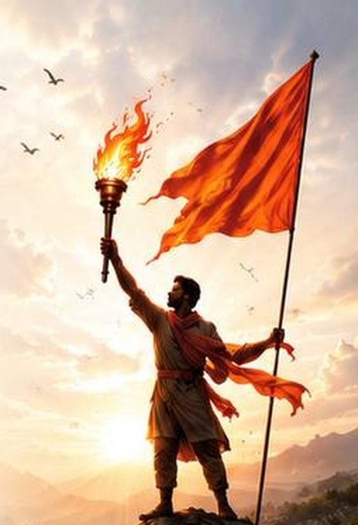 Artwork from the ABSRD letterhead: a torch-bearer holding a saffron flag at sunrise